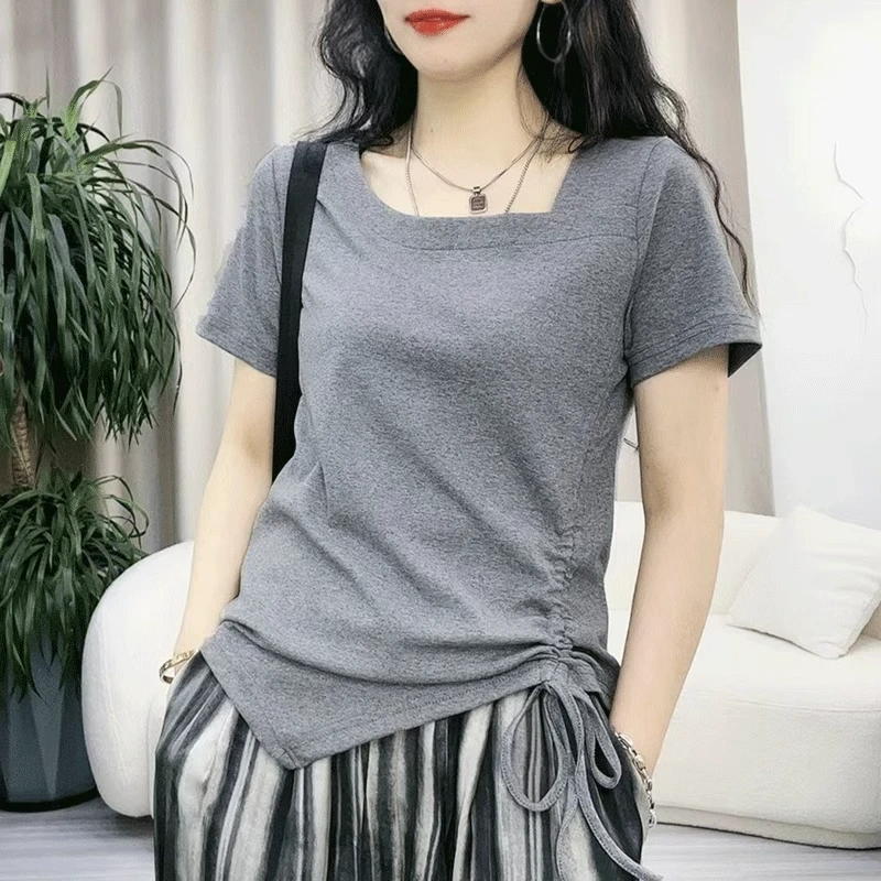 纯棉不规则抽绳短袖t恤女2023夏季新款设计感时尚百搭上衣体恤衫