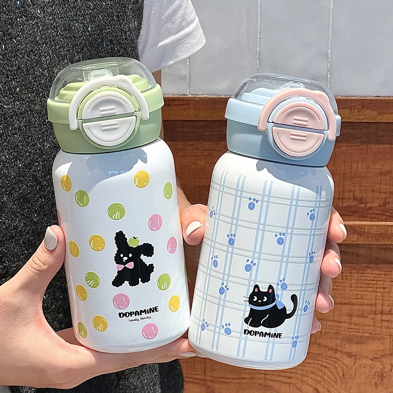新款小猫弹跳保温杯大容量可爱便携双饮杯学生316不锈钢吸管水杯