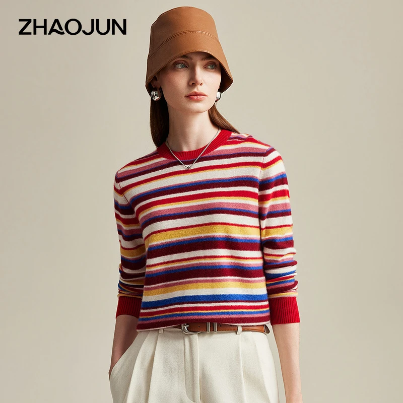 zhaojun/兆君24秋冬新款圆领长袖针织套衫条纹休闲羊绒衫ZSS3386