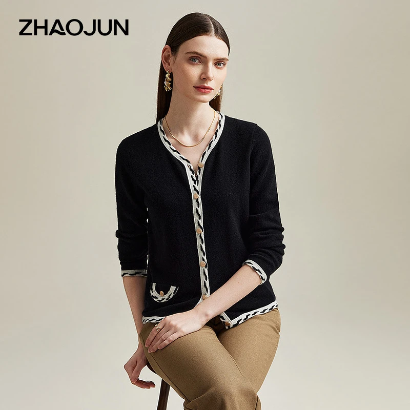 zhaojun/兆君24秋冬新款圆领针织外套撞色绞花羊绒开衫ZSS4126