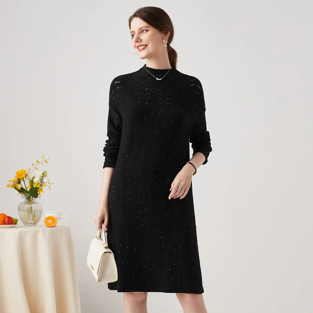 zhaojun/兆君秋冬气质显瘦针织立领直筒优雅羊绒连衣裙ZTN2838