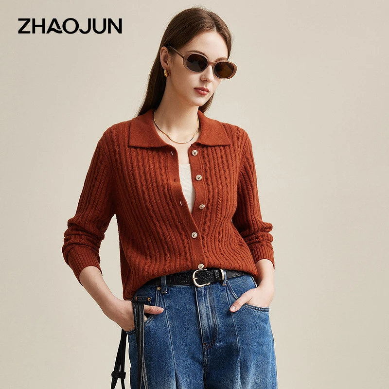 zhaojun/兆君2024秋冬POLO领纯色气质绞花加厚羊毛开衫女ZSS2024