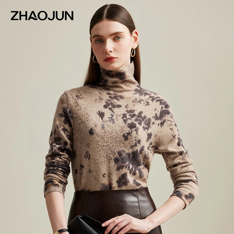 zhaojun/兆君24秋冬新款复古自带领长袖印花女式羊绒衫ZSS3454