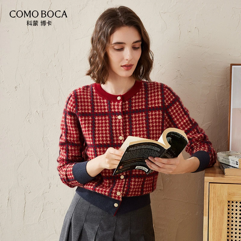 COMOBOCA/科蒙·博卡24新品千鸟格提花撞色针织纯羊绒开衫KSS1662