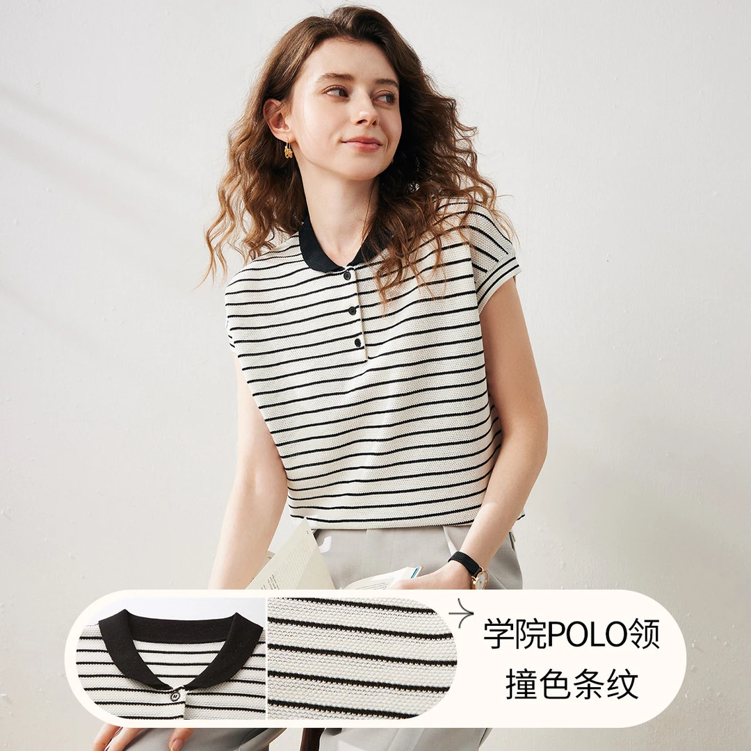 COMOBOCA/科蒙·博卡条纹桑蚕丝半开襟宽松针织短袖T恤衫KSS1032
