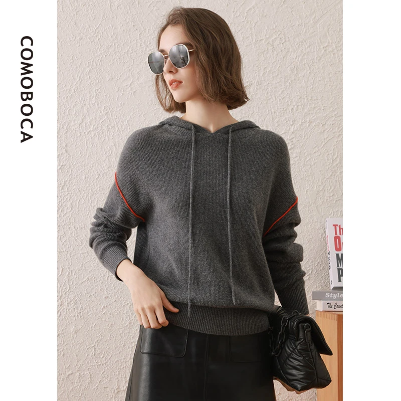 COMOBOCA/科蒙·博卡秋冬气质百搭连帽女装厚针织纯羊绒衫KSQ1752