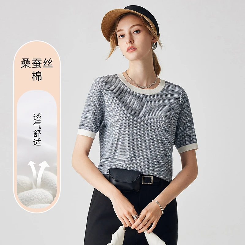 zhaojun/兆君圆领T恤夹花春夏薄款透气女套头桑蚕丝T恤ZSS3106