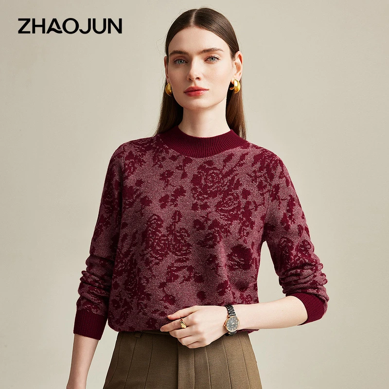 zhaojun/兆君2024秋冬新款半高领长袖花朵提花复古羊绒衫ZSS3248