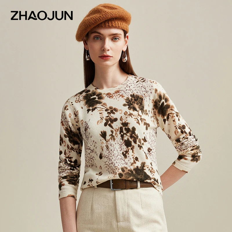 zhaojun/兆君24秋冬新款复古圆领长袖风景印花女式羊绒衫ZSS3362