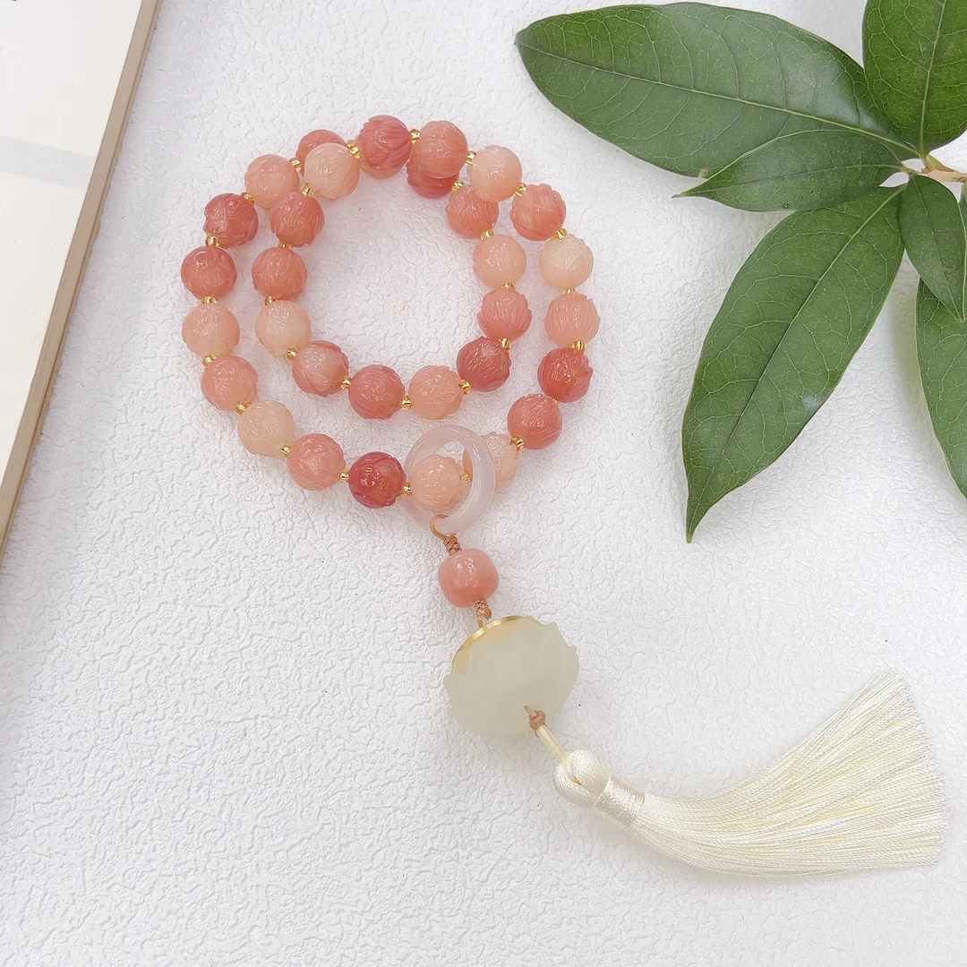 直播专享-桃花莲莲双圈手持女生文玩绕指柔菩提根手串念珠佛珠