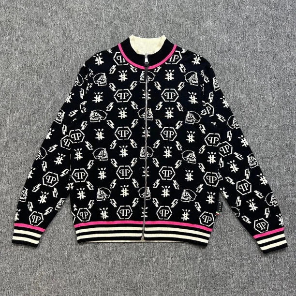 PP/菲利普普莱茵 SS23满印logo针织夹克外套/99新/XXL码/WL0108