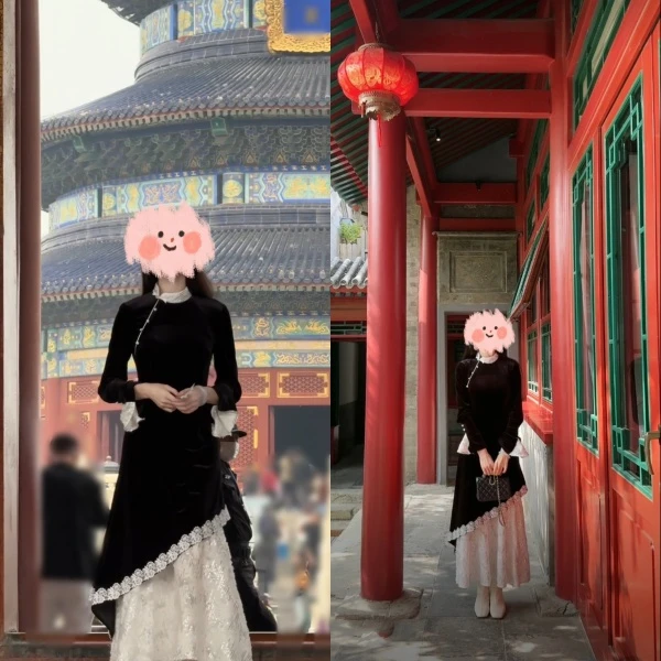 【墨染】秋冬新款新中式国风复古拼接长款修身显瘦丝绒旗袍连衣裙子