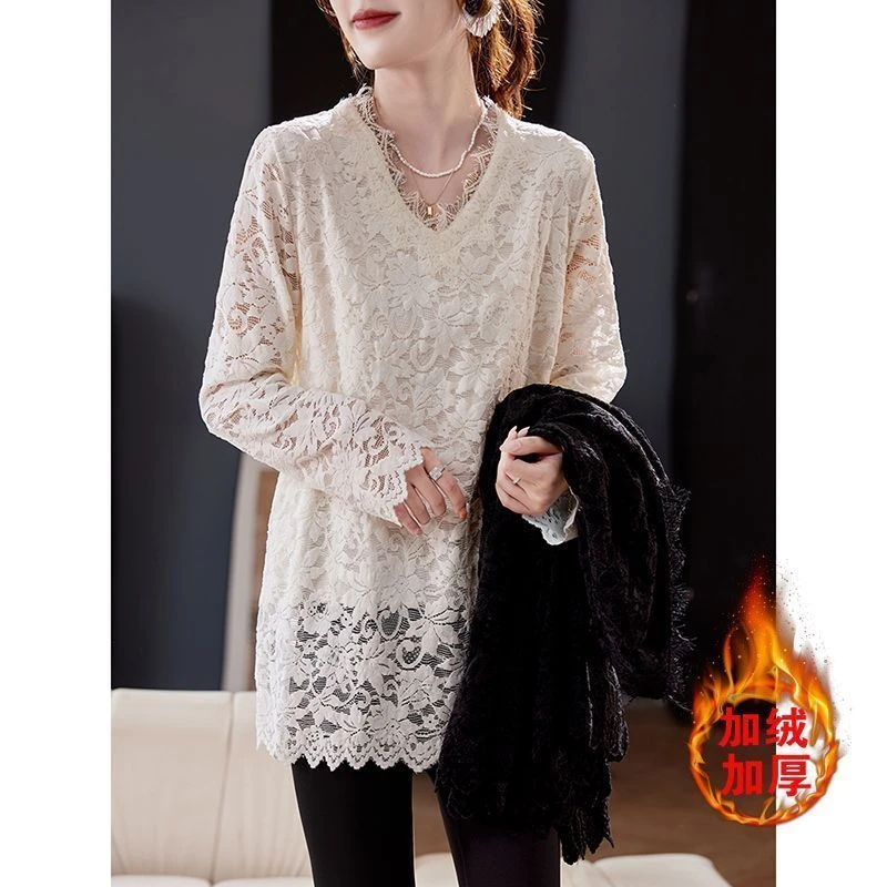 蕾丝女款领感百搭加绒V设计春秋新款时尚洋气衫镂空百搭气质潮流