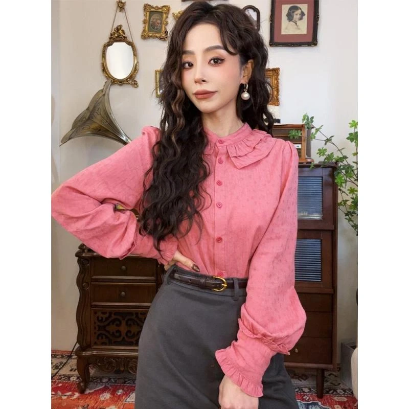 9538港风复古双层荷叶边娃娃领衬衫新款女长袖衬衣早春设计感上衣