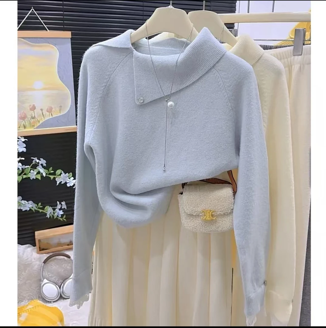 翻领蕾丝拼接套头针织衫女2024冬季新款宽松长袖内搭打底毛衣