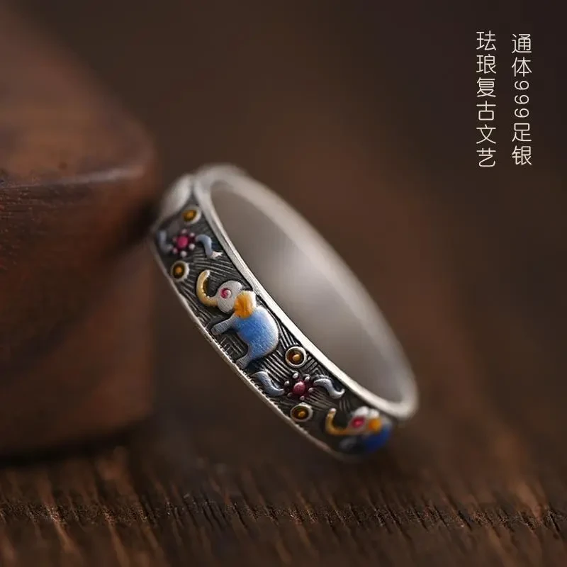 足银珐琅戒指 足银999珐琅彩吉象戒指