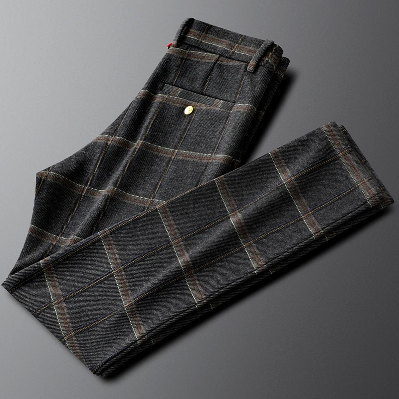 轻奢时尚大格子裤男休闲裤修身小直筒商务裤2024秋冬季男士格纹裤