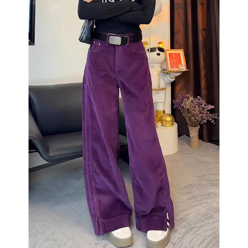 韩系多巴胺紫色灯芯绒阔腿裤女秋冬新款百搭显瘦直筒宽松休闲长裤