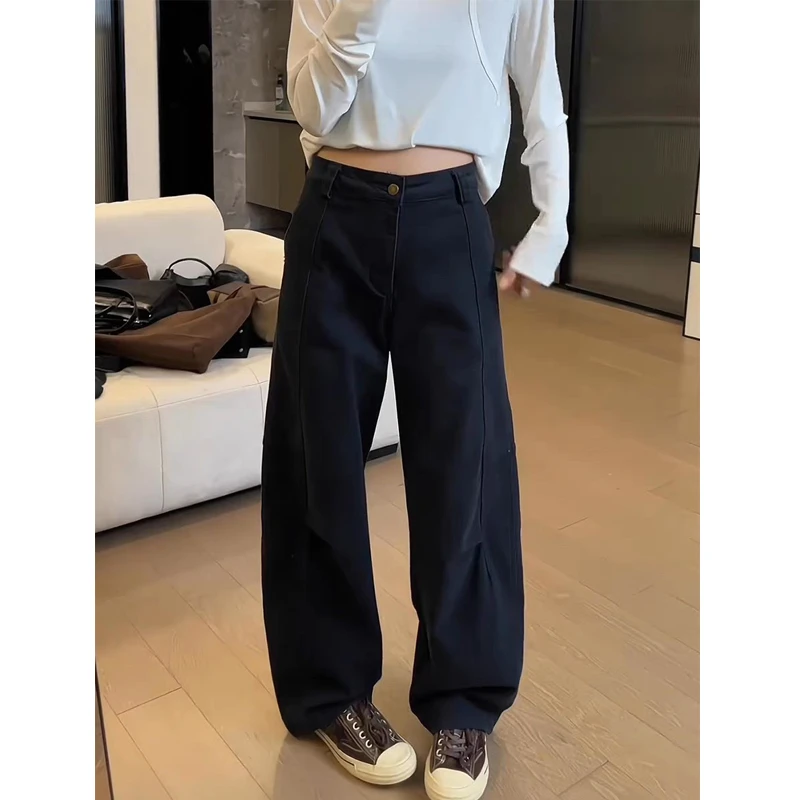 秋冬新款设计感高腰弹力阔腿牛仔裤女梨形身材遮肉显瘦弯刀拖地裤