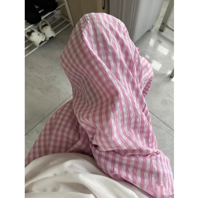 粉白格子山本裤女夏季高腰垂感新款慵懒风休闲薄款直筒阔腿拖地裤