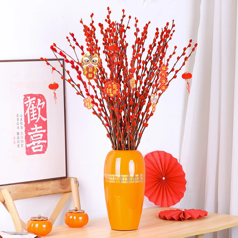 （带花瓶）银柳真花鲜枝室内红色喜庆年宵花卉新年干花植物盆栽摆件