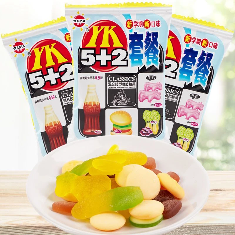 优卡五彩绳5+2套餐橡皮糖汁软糖水果味糖果8090后怀旧童年零食品