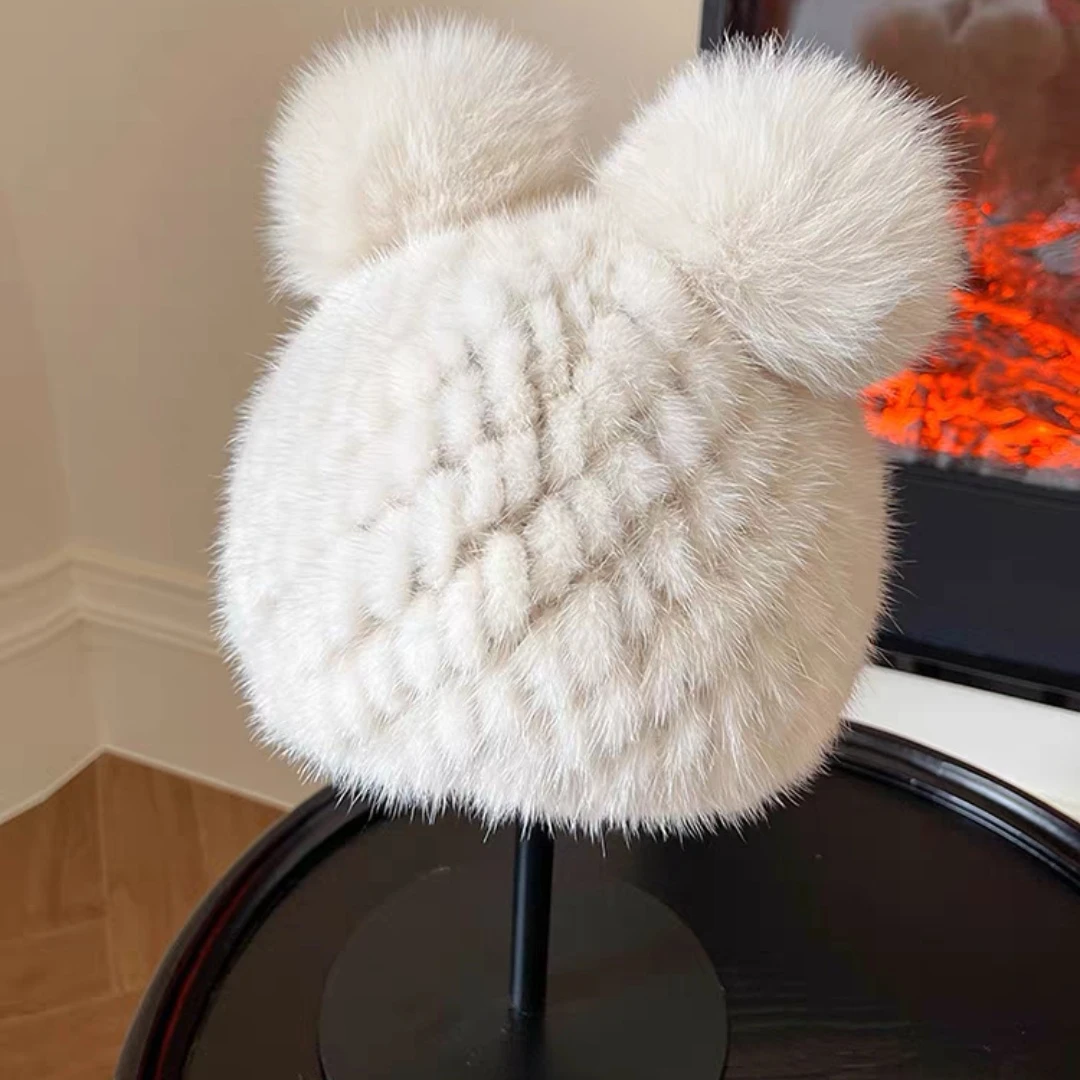 米奇帽水貂毛编制帽子减龄休闲真毛狐狸毛球保暖护耳帽