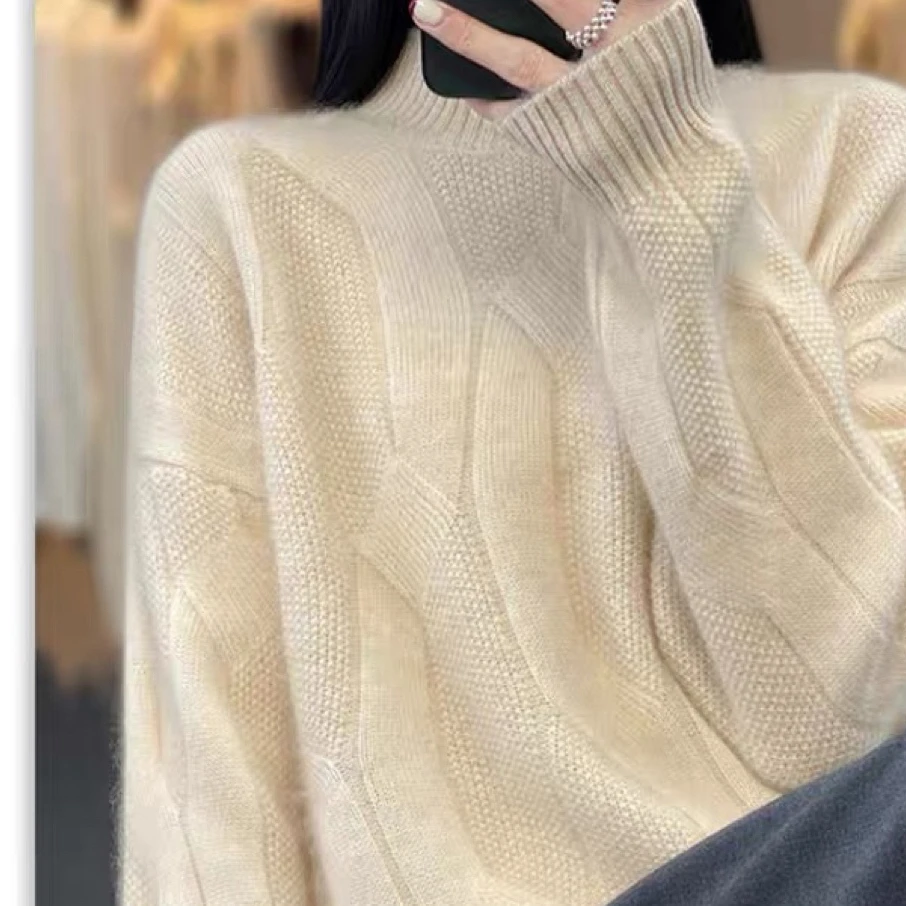 [YUELING] 欧货高端女秋冬季加厚宽松慵懒半高领麻花打底毛衣