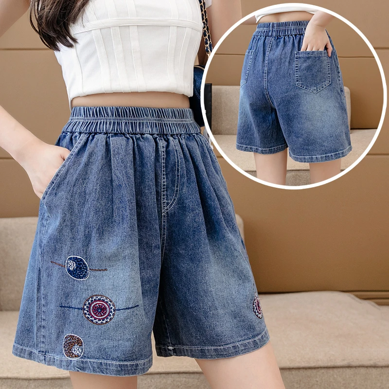 短裤女士松紧腰宽松阔腿热裤2024夏季新款刺绣显瘦a字牛仔短裤子