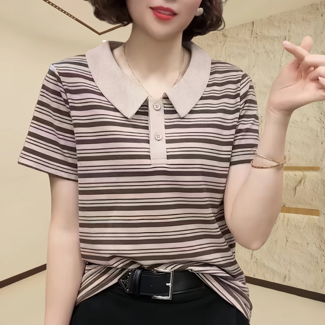 2024洋气复古时尚设计女士短袖t恤气质小众休闲显瘦翻领大码小衫