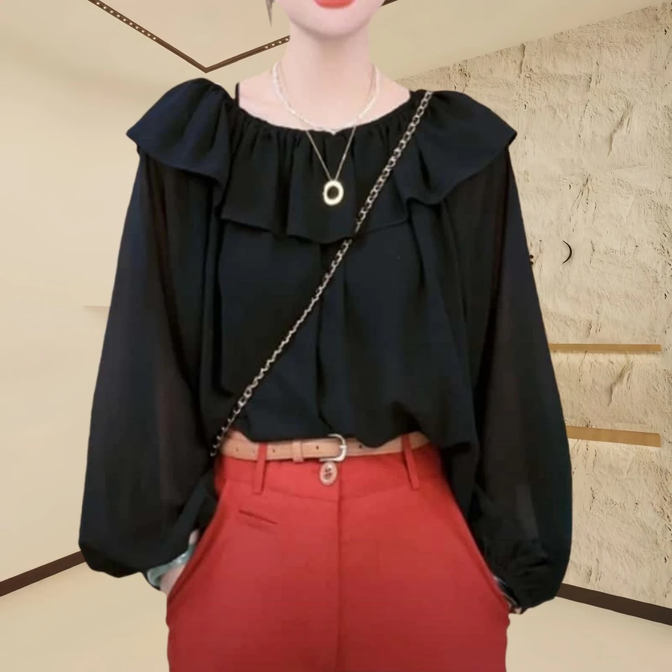 法式宽松气质衬衫女士2025春季休闲花瓣领荷叶大码一字肩长袖上衣