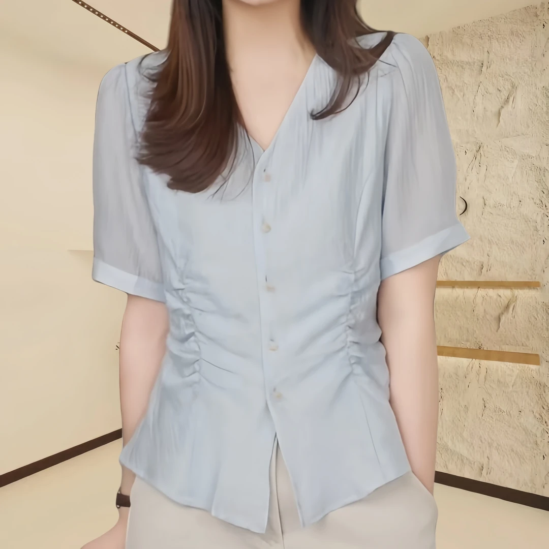 夏季薄款褶皱气质纯色衬衣小众V领上衣收腰宽松显瘦休闲百搭女T恤