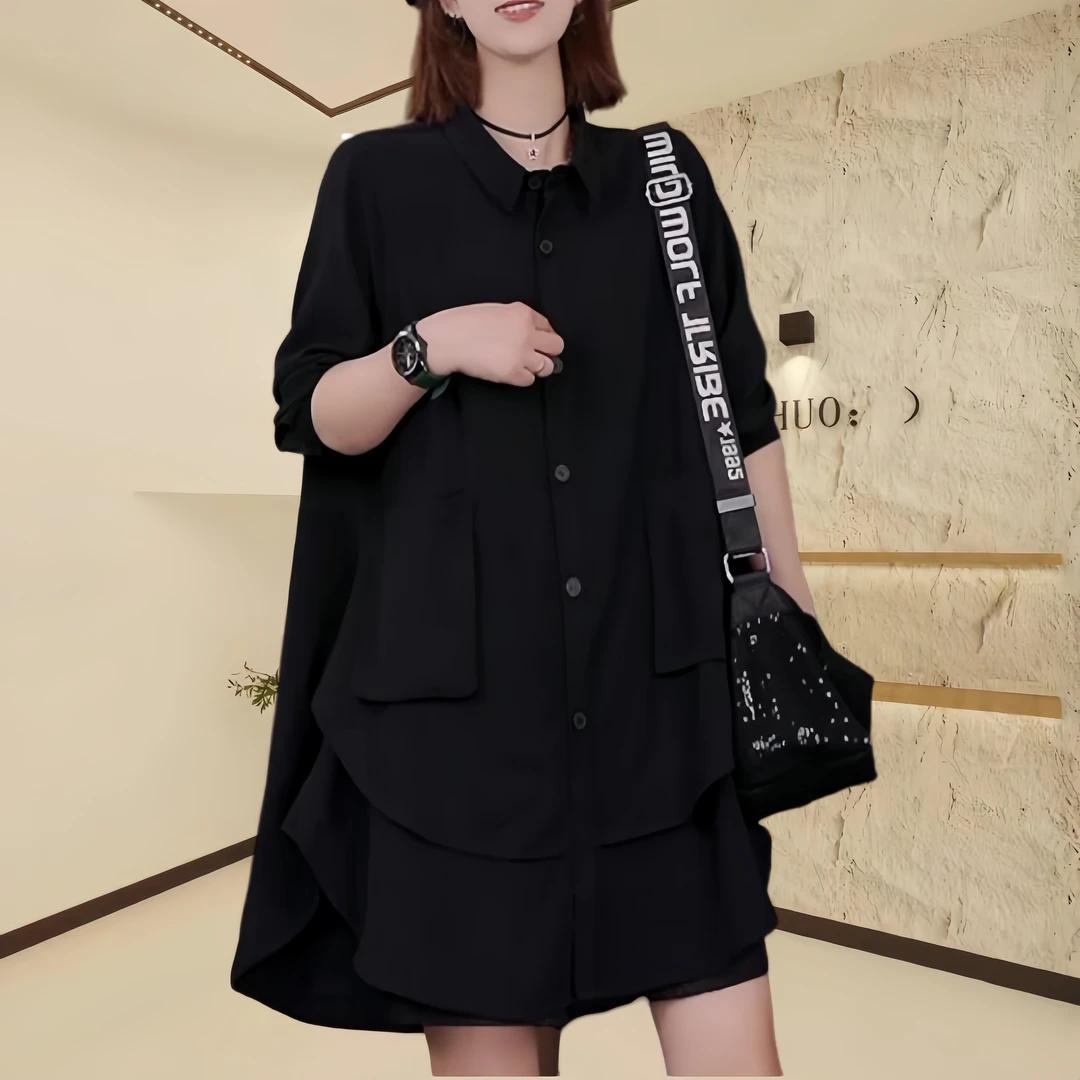 2024春季新款气质洋气黑色拼接单排扣衬衣女长袖夏季衬衫女打底衫