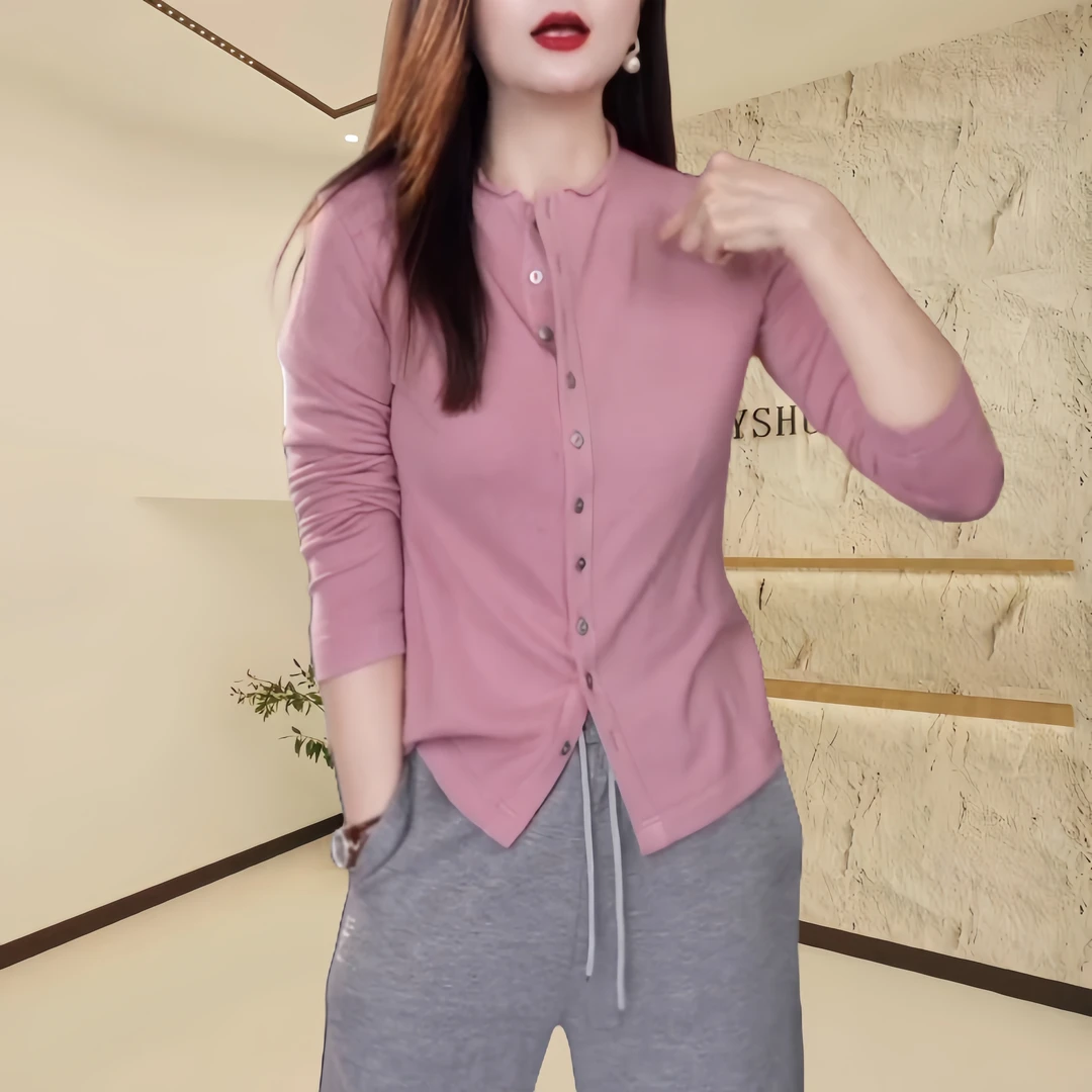 2024秋季新款显瘦遮肉百搭气质上衣休闲圆领纯色洋气长袖时尚上衣