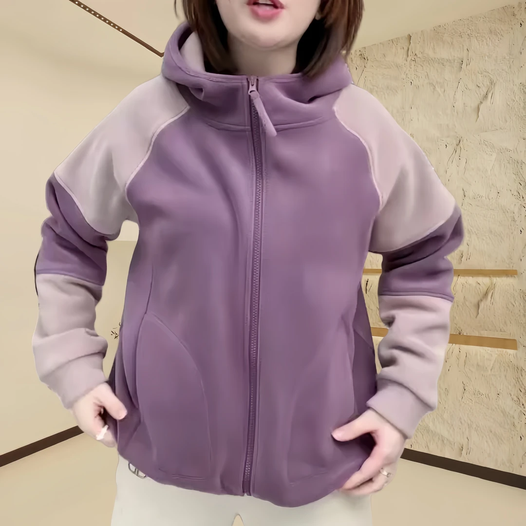 冬日暖阳！显瘦防风保暖加厚连帽外套女卫衣时尚拼接百搭拉链上衣