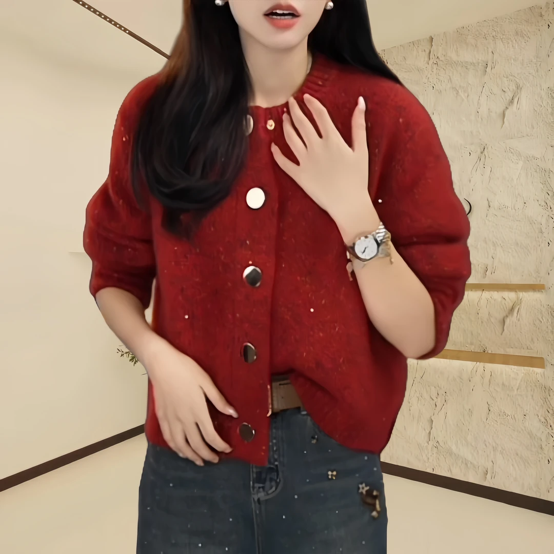 2024秋冬新款小香风复古亮片简约百搭气质针织开衫时尚宽松上衣