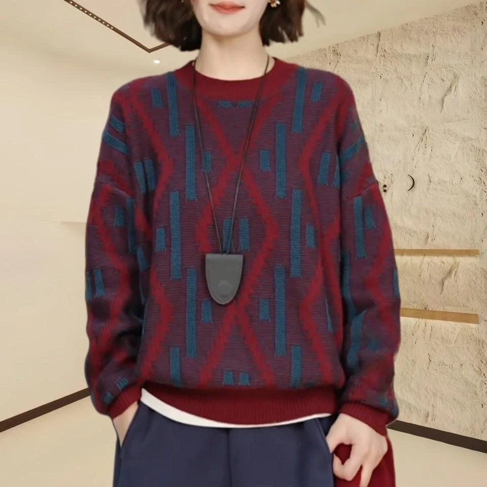 【烈焰】2025春季新款针织宽松加厚提花圆领套头毛衣时尚显瘦上衣女