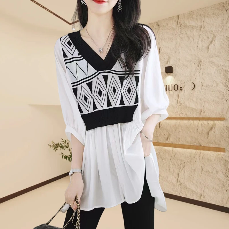 2024夏季新款小个子小衫女士衬衫气质时尚子衬衣薄款V领洋气