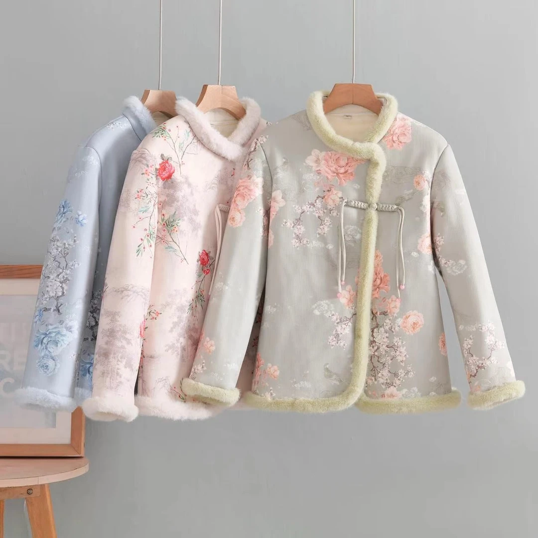 女冬季新款东北大花棉衣加绒加厚中国风盘扣棉服外套