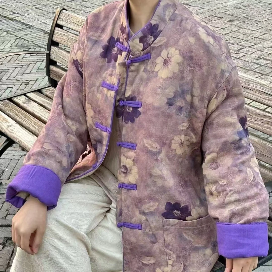 复古手工盘扣撞色翻袖保暖棉服外套夹棉厚上衣女