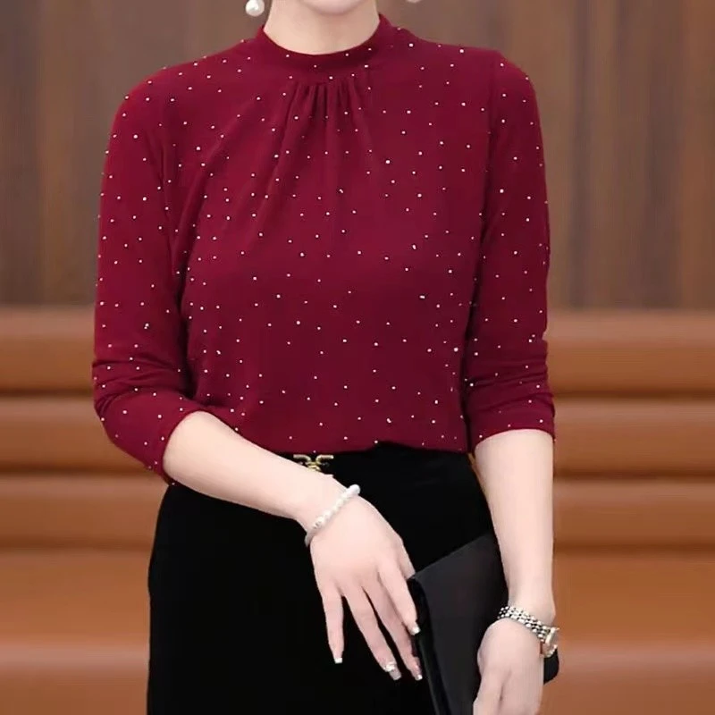 半高领亮钻长袖小衫秋冬妈妈装保暖百搭显瘦中年女装复古打底衫