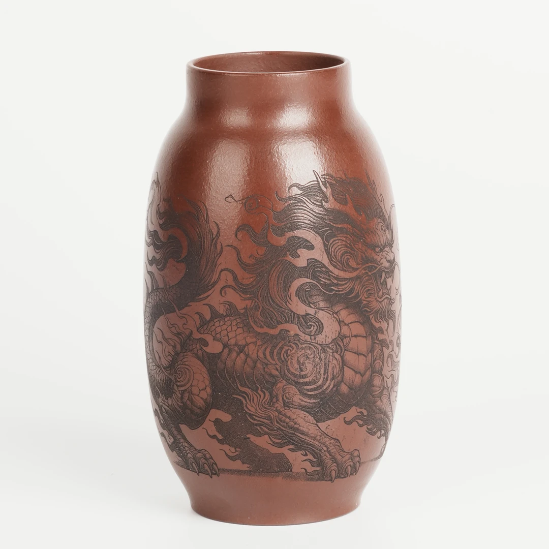 麒麟 380cc 老紫泥 刻绘 精品宜兴随行杯
