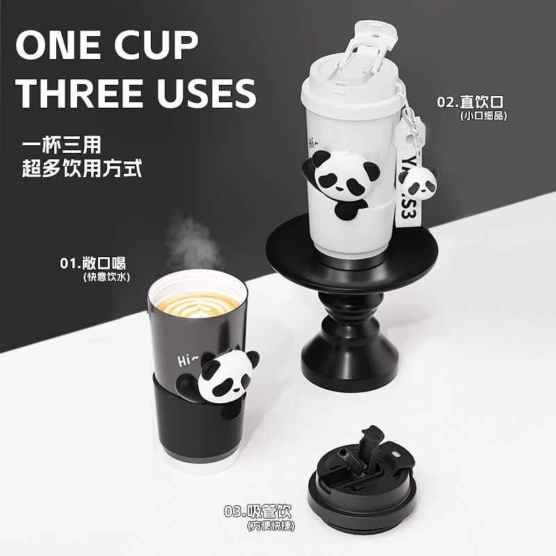 保温杯女生高颜值熊猫咖啡杯随行杯子陶瓷内胆吸管杯水杯2024新款