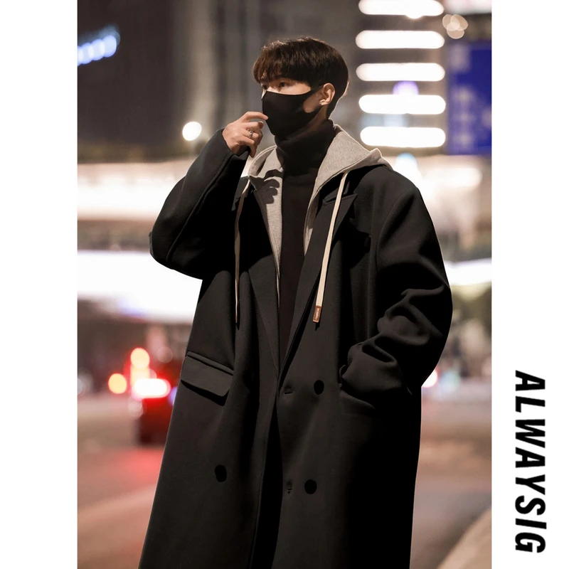 假两件毛呢大衣男秋冬季宽松中长款风衣韩版潮流加厚连帽呢子外套