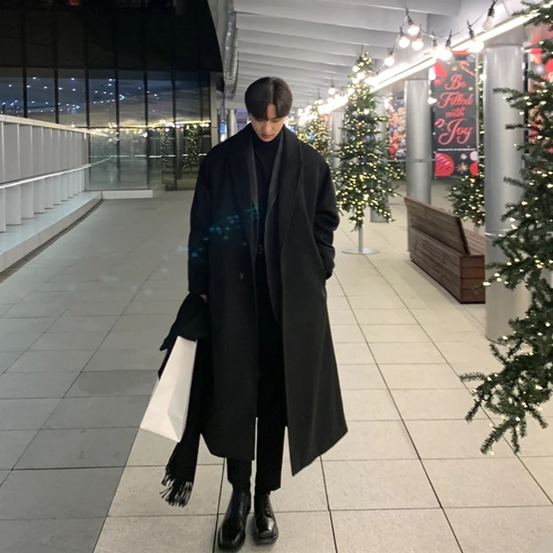 毛呢中长款风衣男秋冬季高级感加厚大衣美式潮牌宽松巴尔玛肯外套