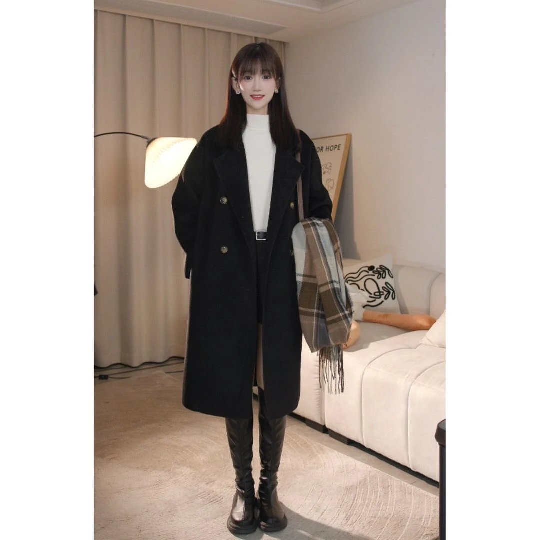 2025新款双面大衣女长款韩版宽松外套春秋百搭毛呢外套黑色厚大衣