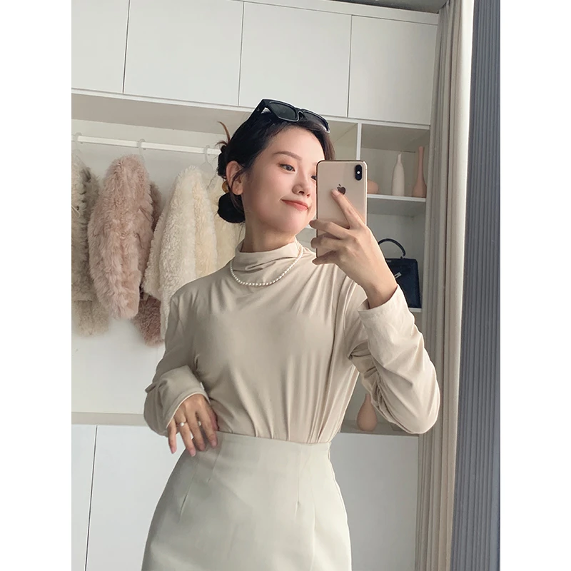 百搭显瘦长袖内搭女2024秋冬气质半高领简约纯色T恤1006001