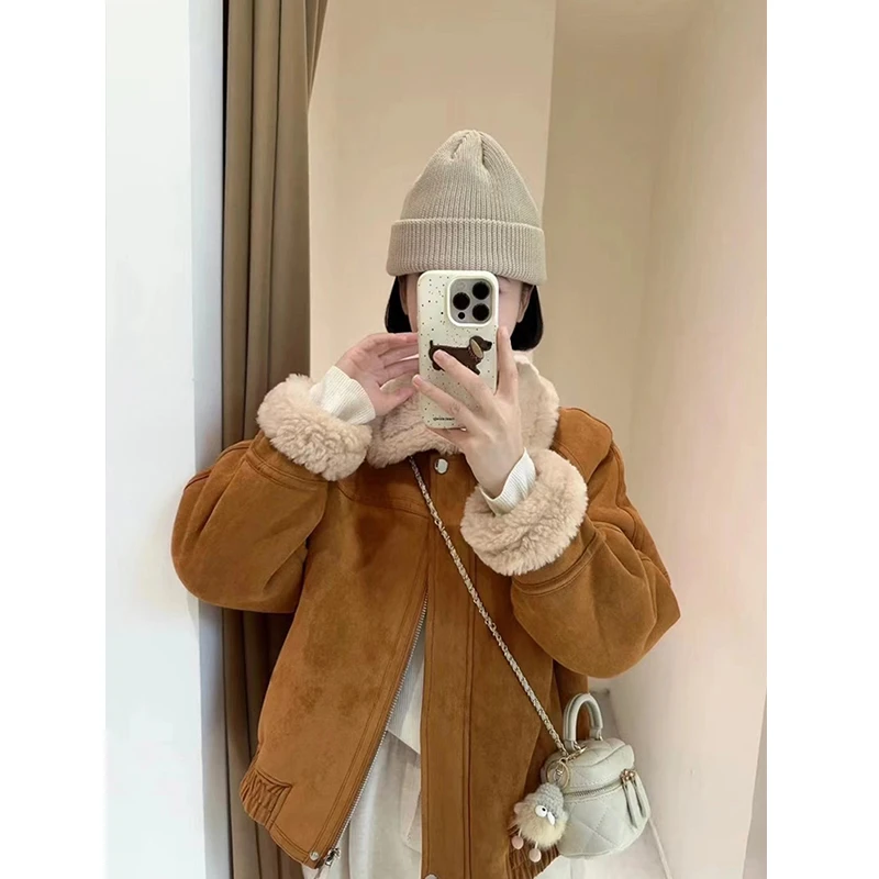 韩系复古全羊毛颗粒绒外套女羊羔毛羊剪绒大衣1006005