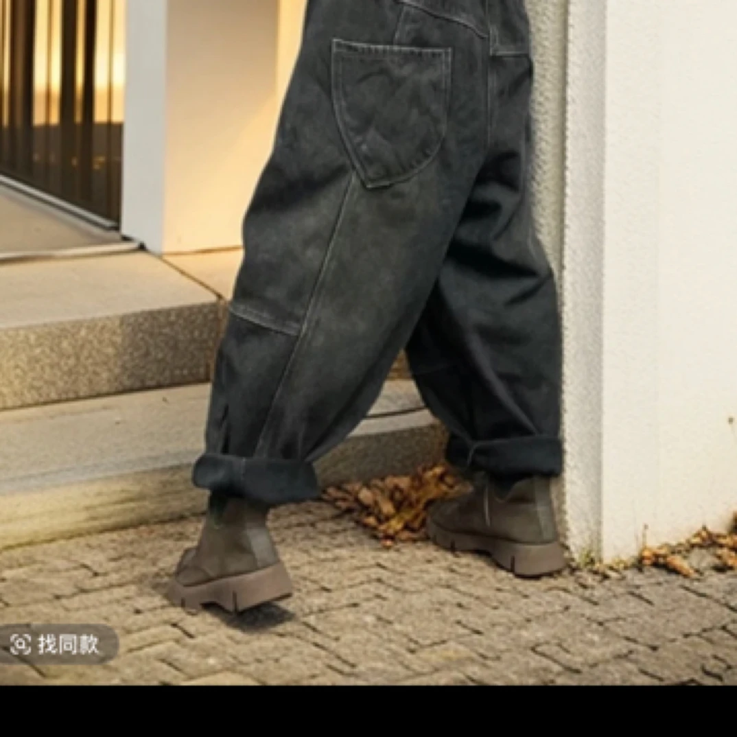 116加绒加厚重工分割线炒色系牛仔哈伦裤