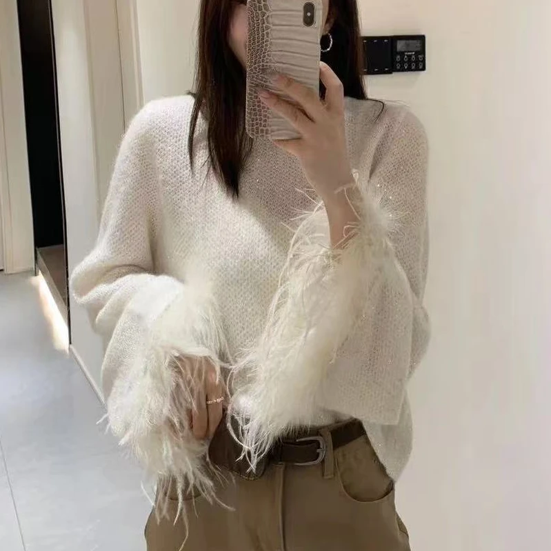 气质白色喇叭袖上衣女早秋2024新款休闲时尚百搭针织衫毛衣女